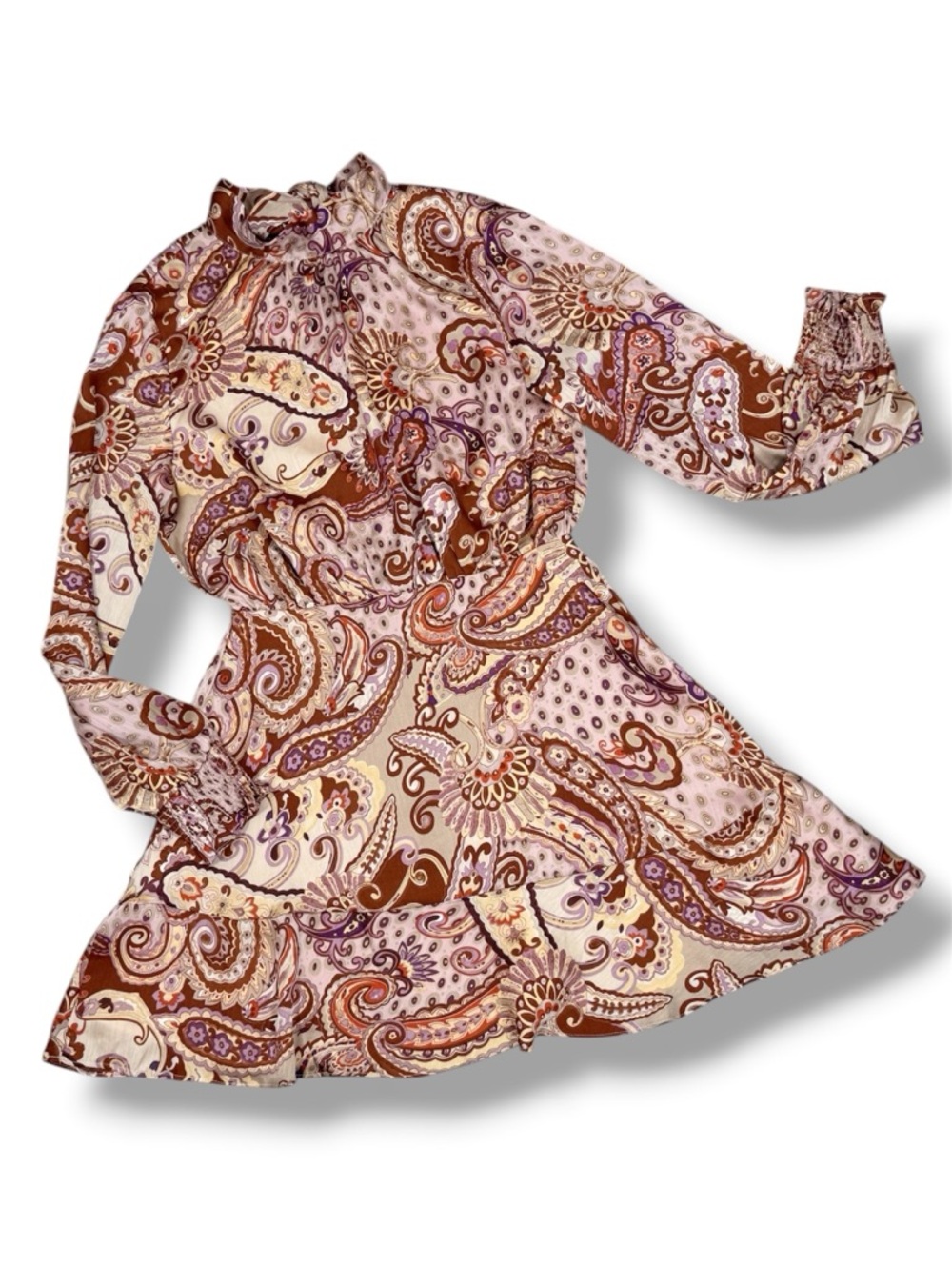 Fate Paisley Boho Print Satin High Neck Mini Dress Medium Long Sleeve Festival - Picture 13 of 13